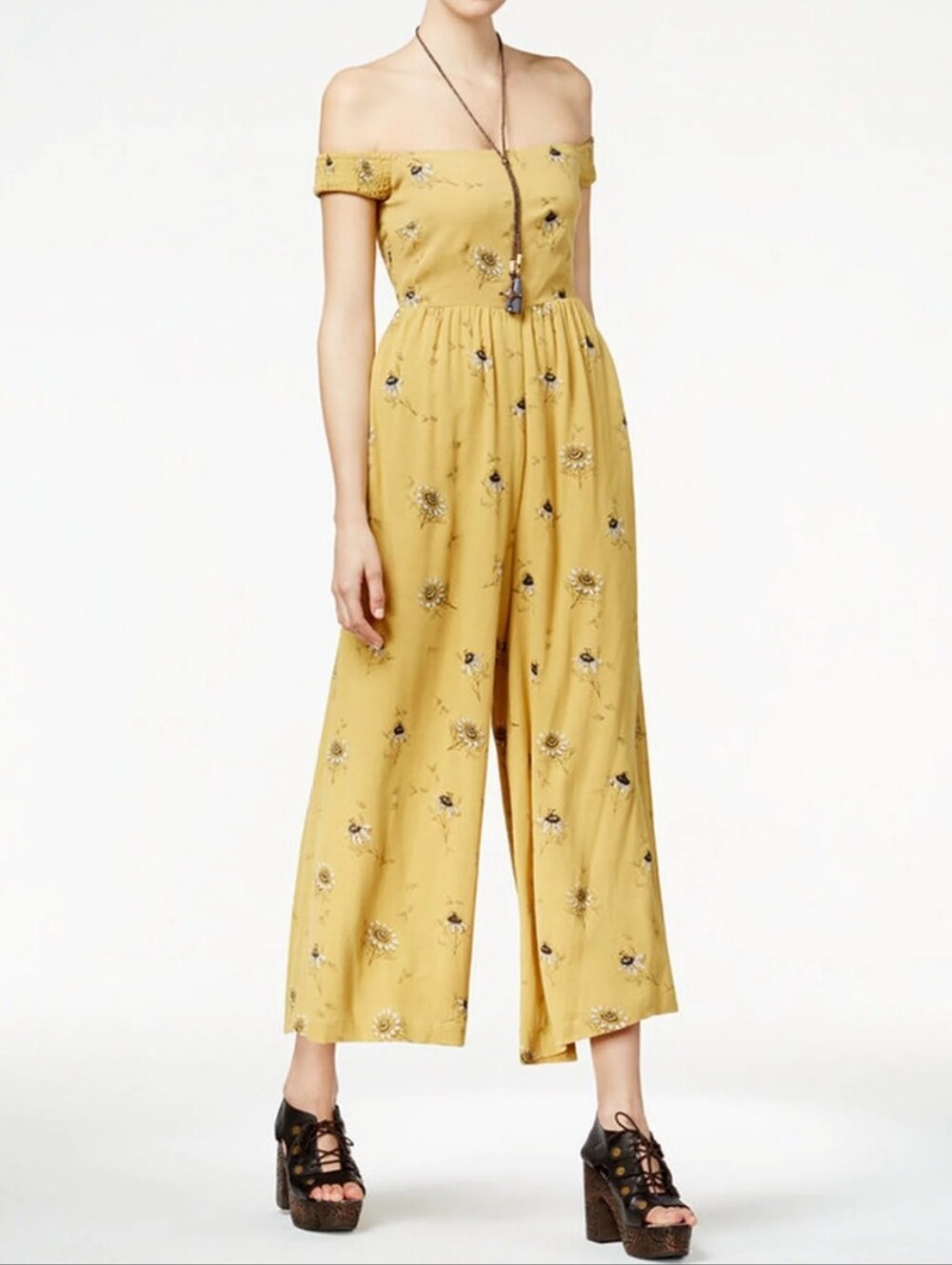 Free People Aster Mustard Floral Wide-Leg Smocked Jumpsuit